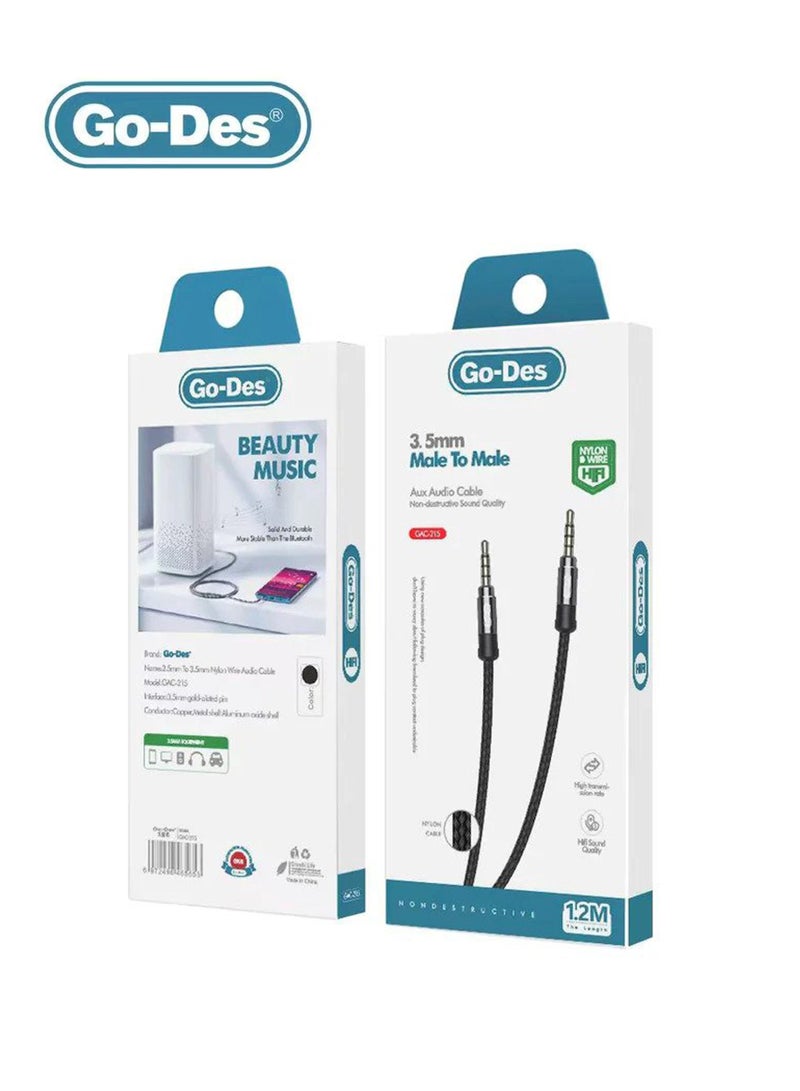 Go-Des Nylon Male to Male Aux Audio Cable 1.2m  GAC-215 - Black - Image 2