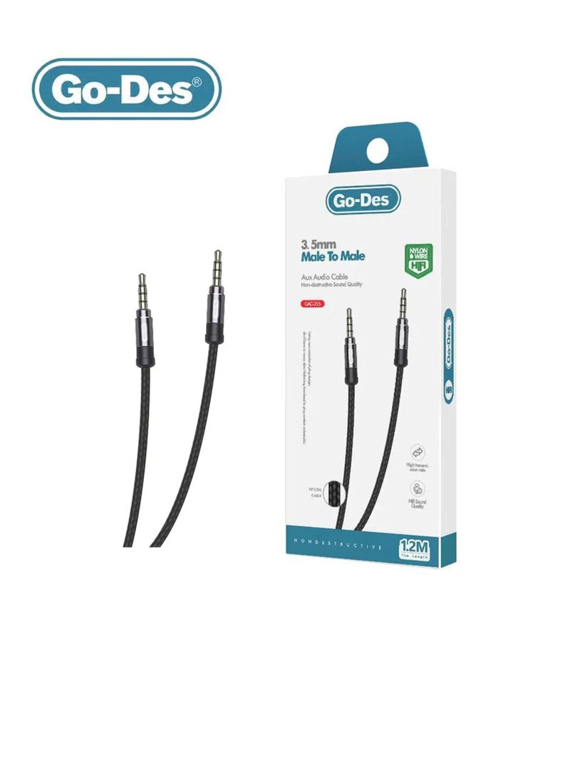 Go-Des Nylon Male to Male Aux Audio Cable 1.2m  GAC-215 - Black - Image 1