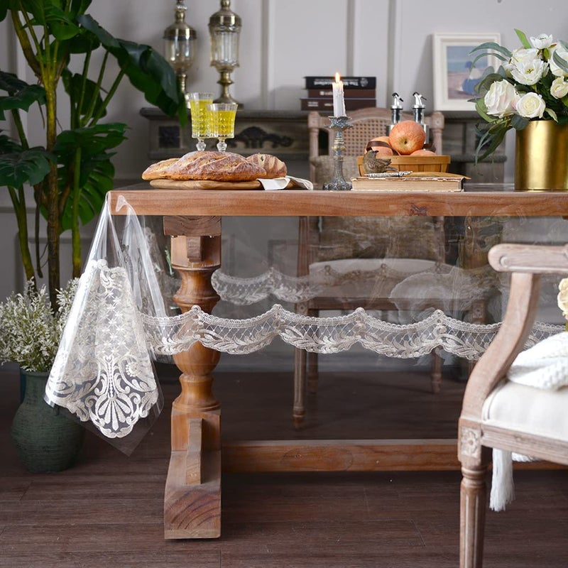 ARTABLE Vinyl PVC Rectangle Tablecloth Waterproof Clear Table Cover with Champagne Lace Macrame Border for Wedding Kitchen Home Outdoor Indoor Holidays Party Decor (Stone, 60 x 104 Inch) - Image 3
