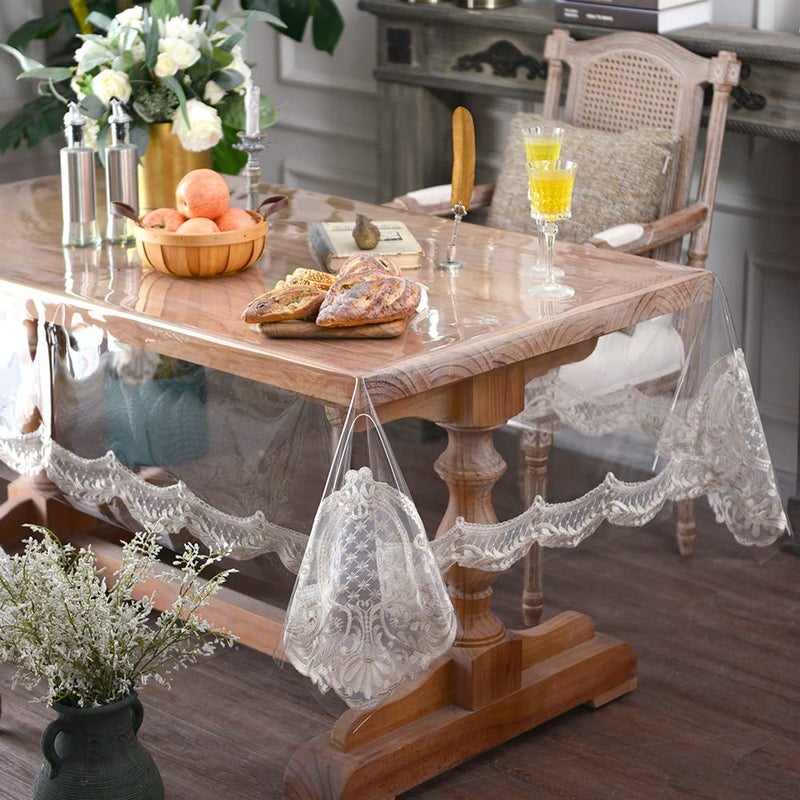 ARTABLE Vinyl PVC Rectangle Tablecloth Waterproof Clear Table Cover with Champagne Lace Macrame Border for Wedding Kitchen Home Outdoor Indoor Holidays Party Decor (Stone, 60 x 104 Inch) - Image 2