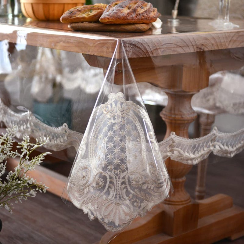 ARTABLE Vinyl PVC Rectangle Tablecloth Waterproof Clear Table Cover with Champagne Lace Macrame Border for Wedding Kitchen Home Outdoor Indoor Holidays Party Decor (Stone, 60 x 104 Inch) - Image 1