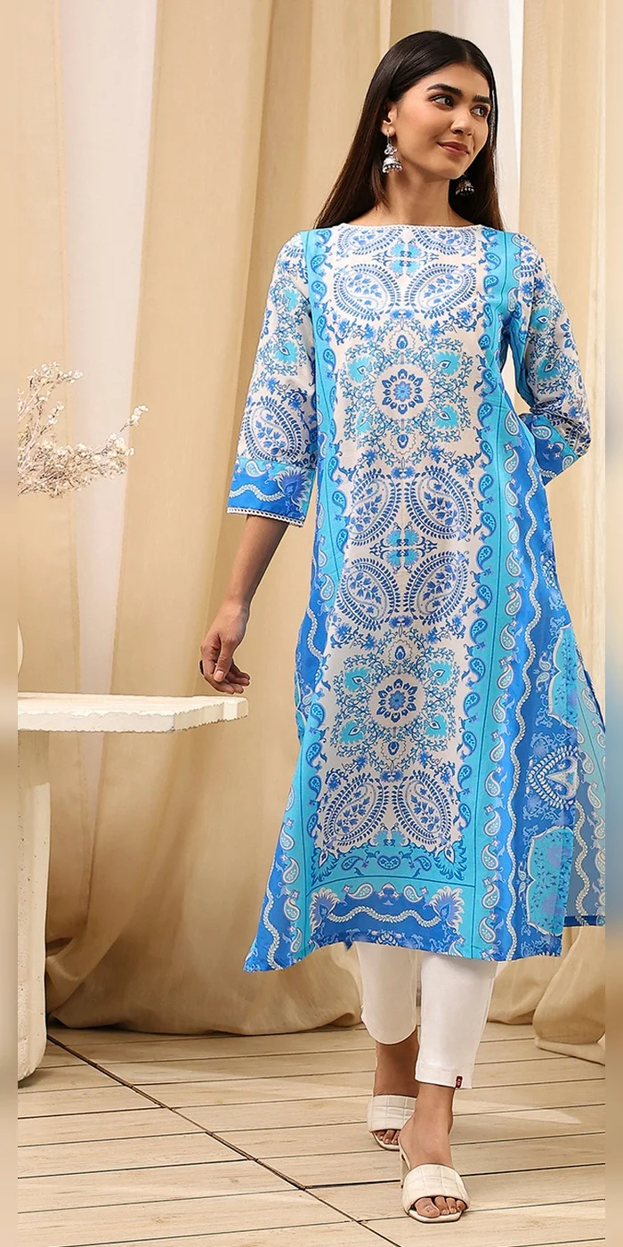 Biba Women Blue And White Cotton Printed Straight Kurta