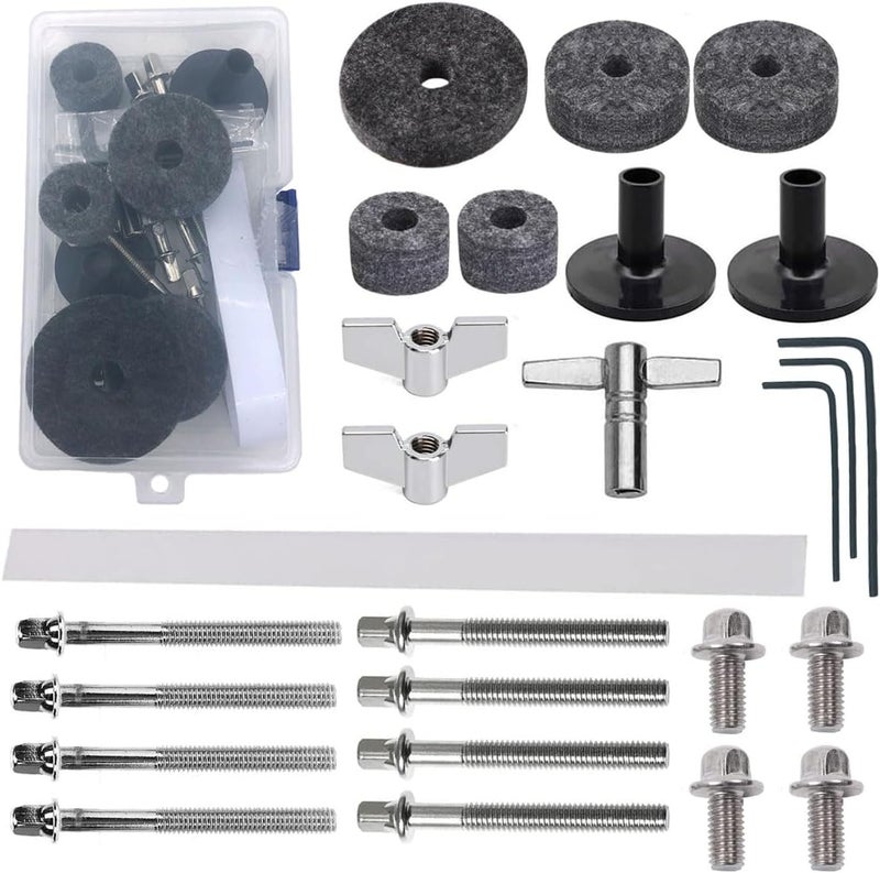TUORen Drummers Survival Hardware Kit 9Pcs Cymbal Parts Cymbal Sleeves Felts Hi Hat Clutch Hi Hat Cup Wing Nut, 12Pcs Drum Tension Rods M6X60 M6X50 M6X15 mm, 1Pcs Drum Tuning Key, 1Pcs Snare Straps - Image 1