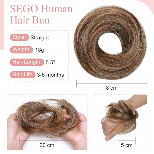 SEGO Human Hair Messy Bun Hairpieces Real Scrunchies Natural Wavy Smoothed Updo Donut Chignon Ponytail Extensions for Women Girls-#4P27 Medium Brown&Dark Blonde - Image 3