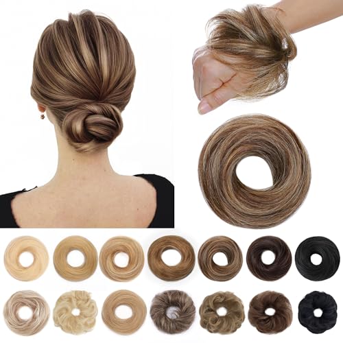 SEGO Human Hair Messy Bun Hairpieces Real Scrunchies Natural Wavy Smoothed Updo Donut Chignon Ponytail Extensions for Women Girls-#4P27 Medium Brown&Dark Blonde - Image 1