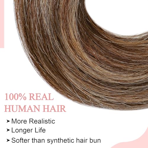 SEGO Human Hair Messy Bun Hairpieces Real Scrunchies Natural Wavy Smoothed Updo Donut Chignon Ponytail Extensions for Women Girls-#4P27 Medium Brown&Dark Blonde - Image 2