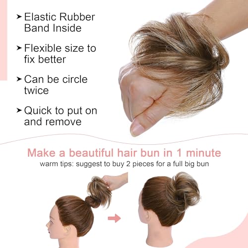 SEGO Human Hair Messy Bun Hairpieces Real Scrunchies Natural Wavy Smoothed Updo Donut Chignon Ponytail Extensions for Women Girls-#4P27 Medium Brown&Dark Blonde - Image 4