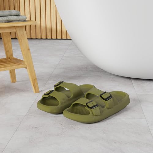 BenSorts Pillow Slippers Slides for Women Cushion Slides Foam Sandal 2 Buckle Adjustable Bathroom Shower Shoes Slippers Green Men Size 7 8 Women Size 8 9 - Image 2