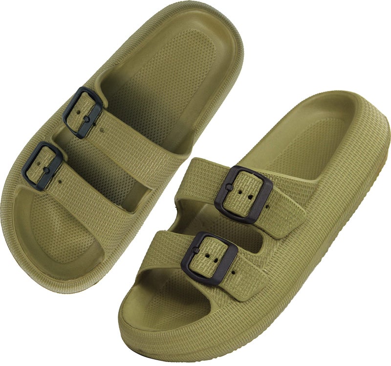 BenSorts Pillow Slippers Slides for Women Cushion Slides Foam Sandal 2 Buckle Adjustable Bathroom Shower Shoes Slippers Green Men Size 7 8 Women Size 8 9 - Image 1