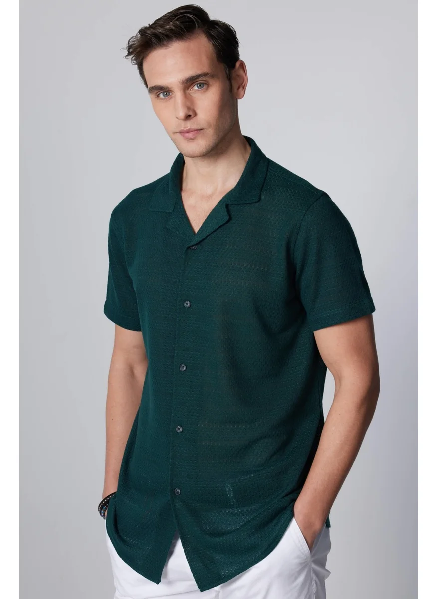 Tudors Slim Fit Short Sleeve Narrow Cut Open Collar Knitted Fabric Summer Petrol Men's Shirt