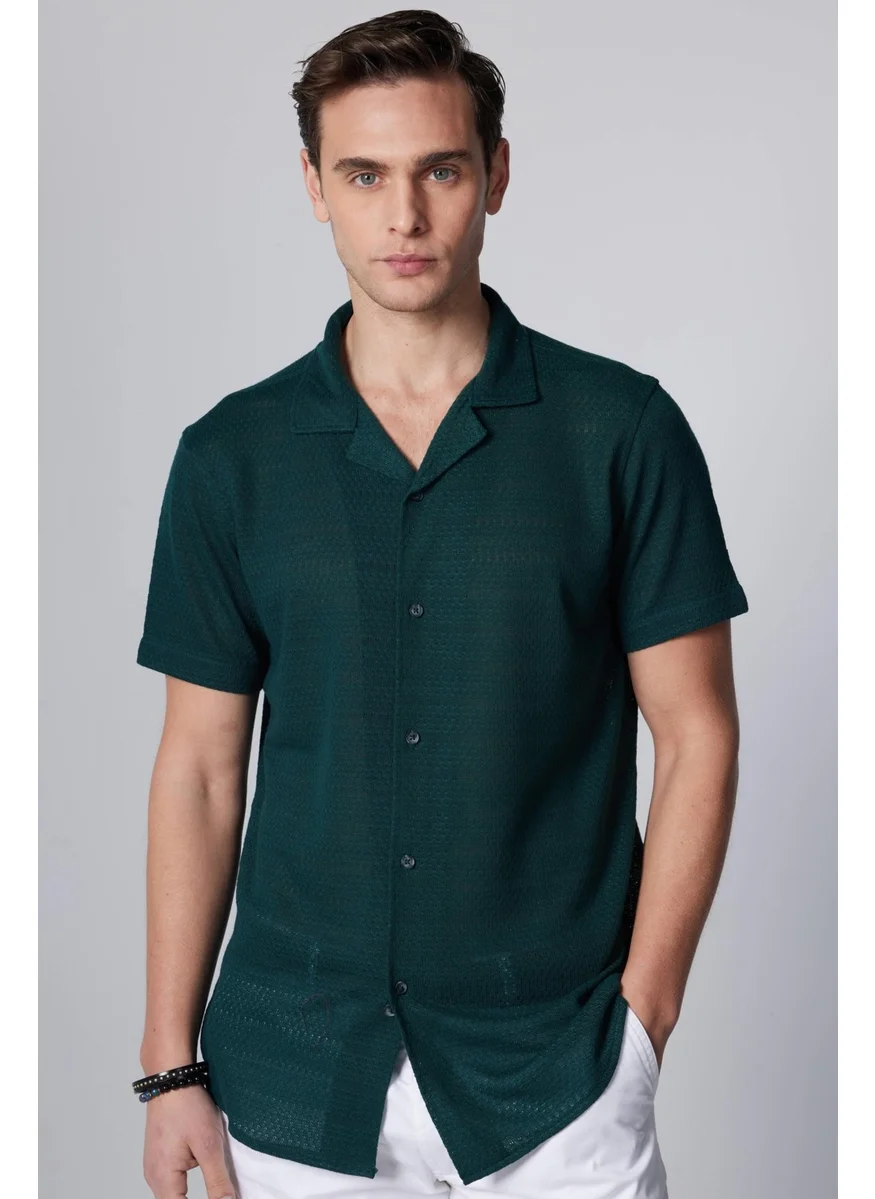 Tudors Slim Fit Short Sleeve Narrow Cut Open Collar Knitted Fabric Summer Petrol Men's Shirt