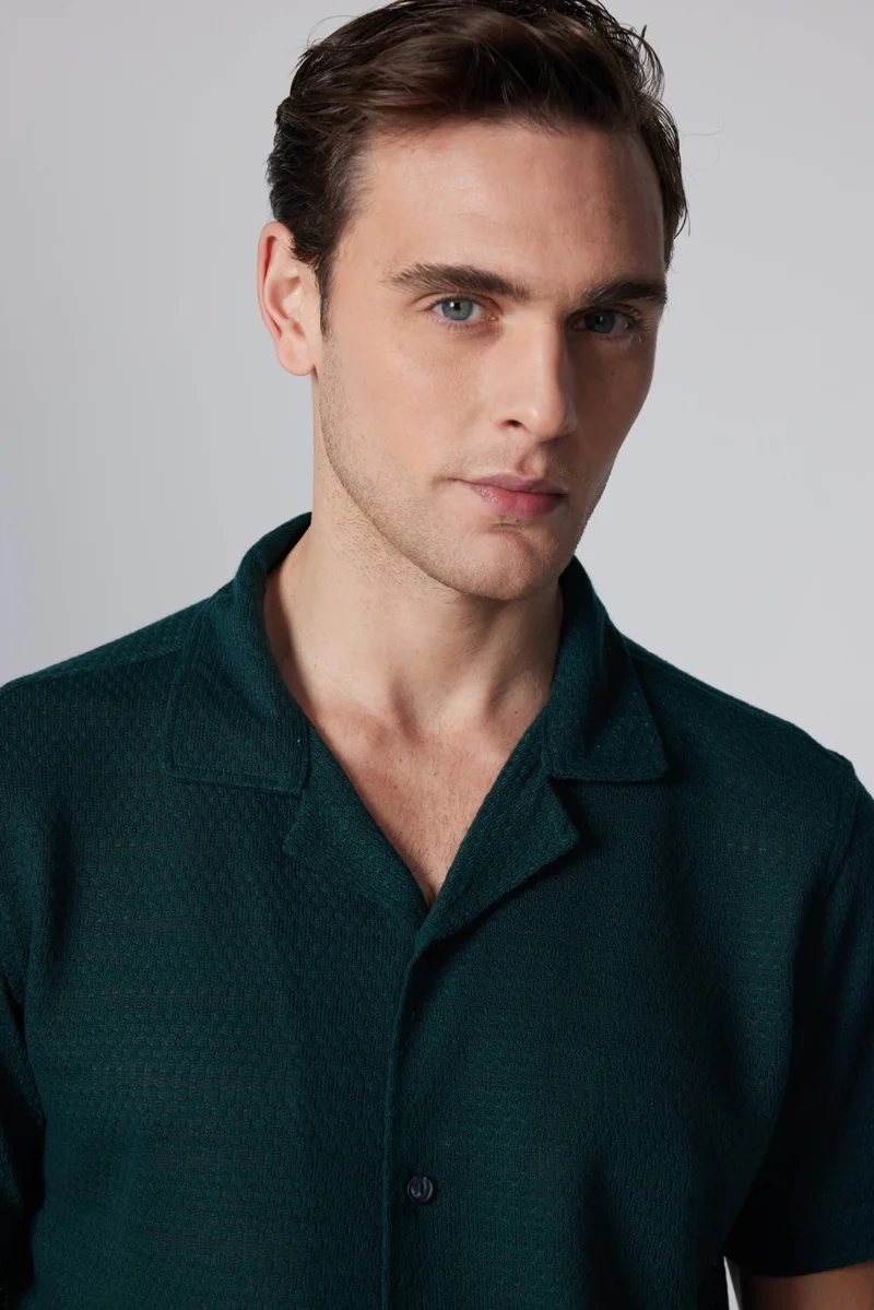 Tudors Slim Fit Short Sleeve Narrow Cut Open Collar Knitted Fabric Summer Petrol Men's Shirt