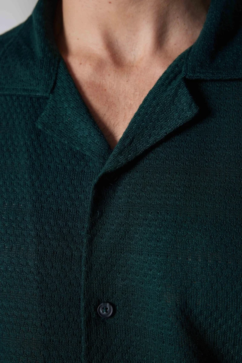 Tudors Slim Fit Short Sleeve Narrow Cut Open Collar Knitted Fabric Summer Petrol Men's Shirt