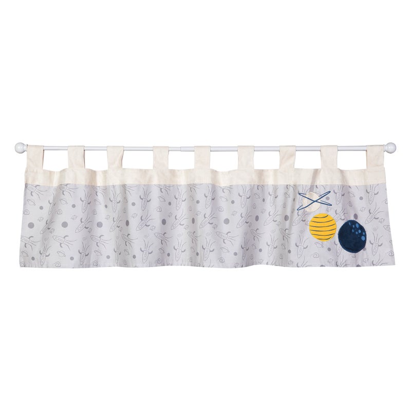 Galaxy Window Valance - Rocket Ships Scatter Print Body  Applique Planets  Solid Ultrasuede Tabs  Tab Top  Blue  Gray  Yellow  Cream and White  56 in x 15 in