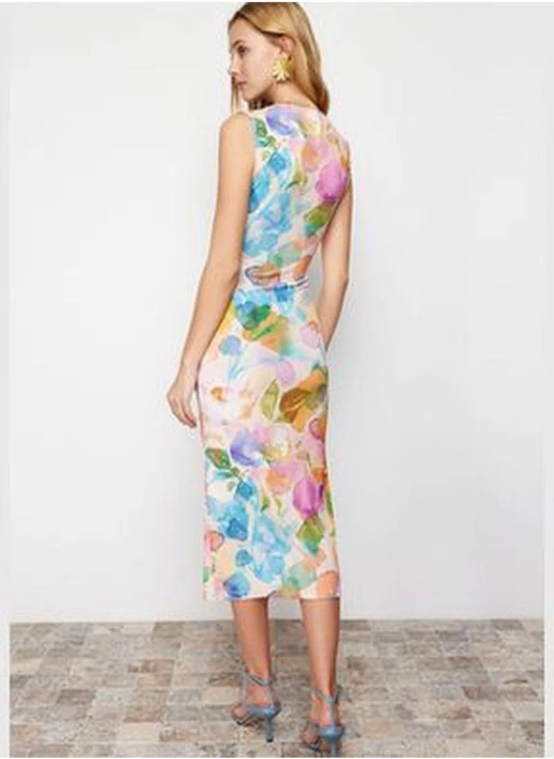 trendyol Multi Color Printed Fitted/Sticky Gathered Detailed Knitted Midi Dress TWOSS23EL00751