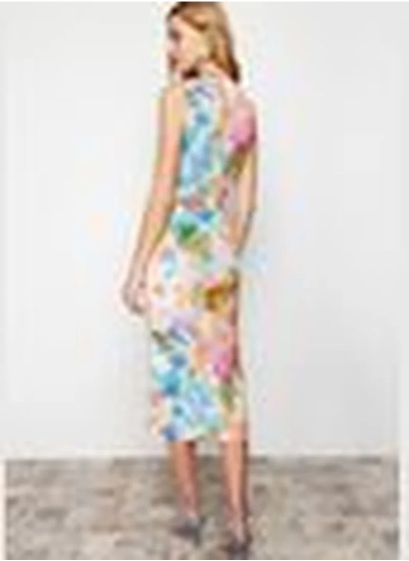 trendyol Multi Color Printed Fitted/Sticky Gathered Detailed Knitted Midi Dress TWOSS23EL00751