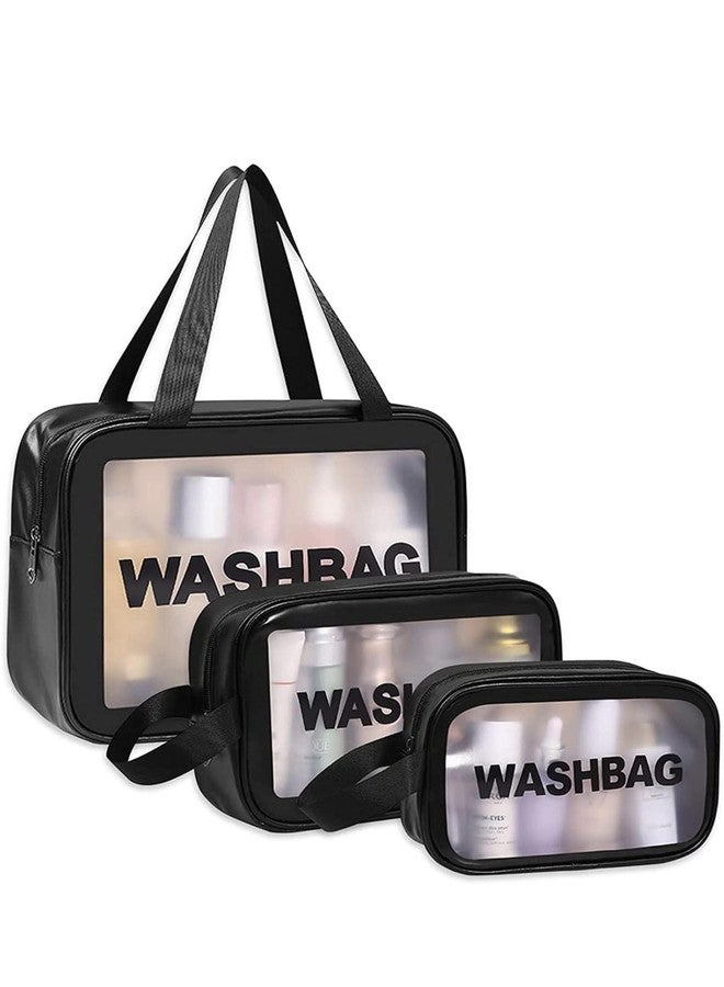 AT Ankit Traders Multi-Functional Makeup Pouch for Women | Waterproof PVC Cosmetic Bags for Girls |Travel Organizer for Bath Accessories & Grooming Kit, Set of 3 Pouches (Black) - Image 1