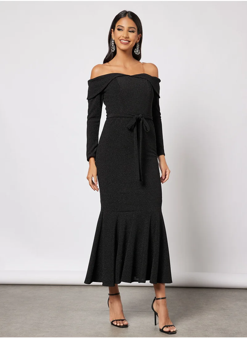 Zoey Off Shoulder Bodycon With Flare Hem Dress