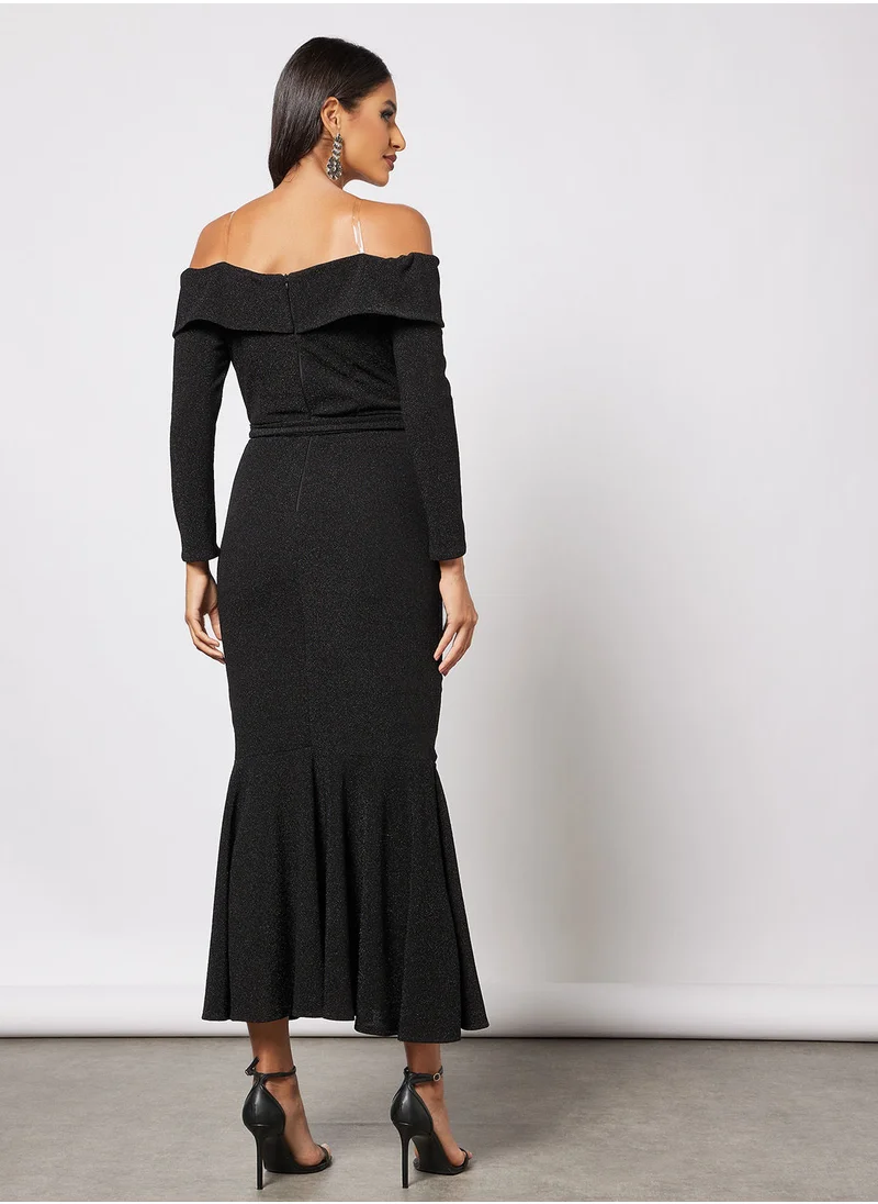 Zoey Off Shoulder Bodycon With Flare Hem Dress
