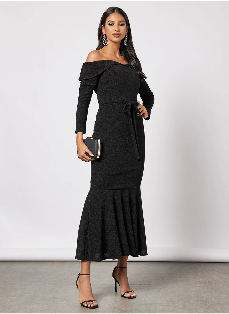 Zoey Off Shoulder Bodycon With Flare Hem Dress