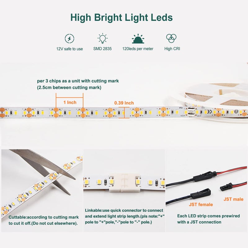 VST LED Strip Lights Natural White 12V Cuttable Connectable Dimmable 120LEDs CRI 90+ LED Tape Light for Indoor Under Cabinet ETL-Listed,No Driver (4000K-16.4FT White) - Image 4