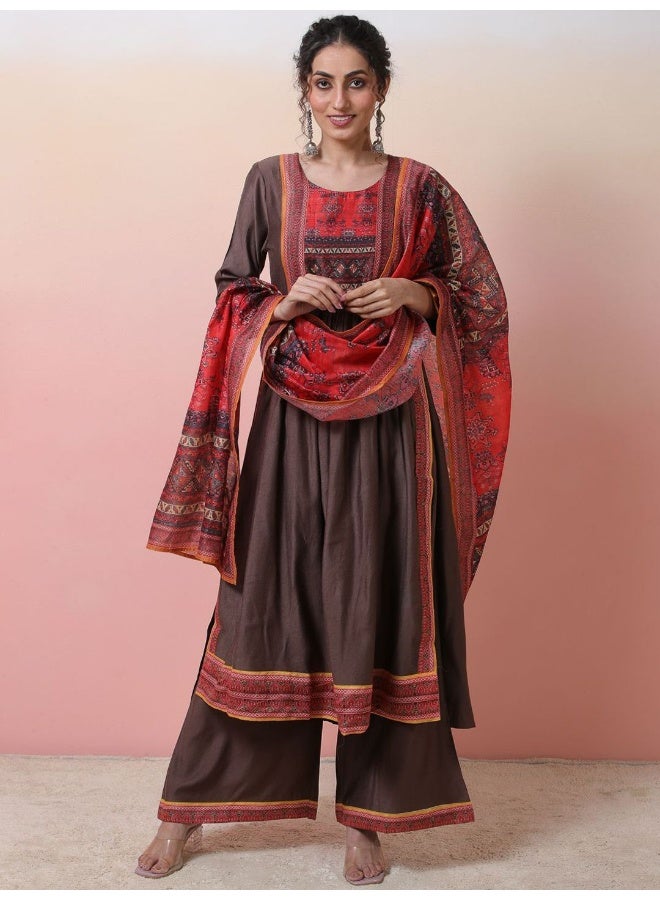 AKS Ethnic Motifs Printed A-line Kurta With Palazzos & Dupatta  - Image 1