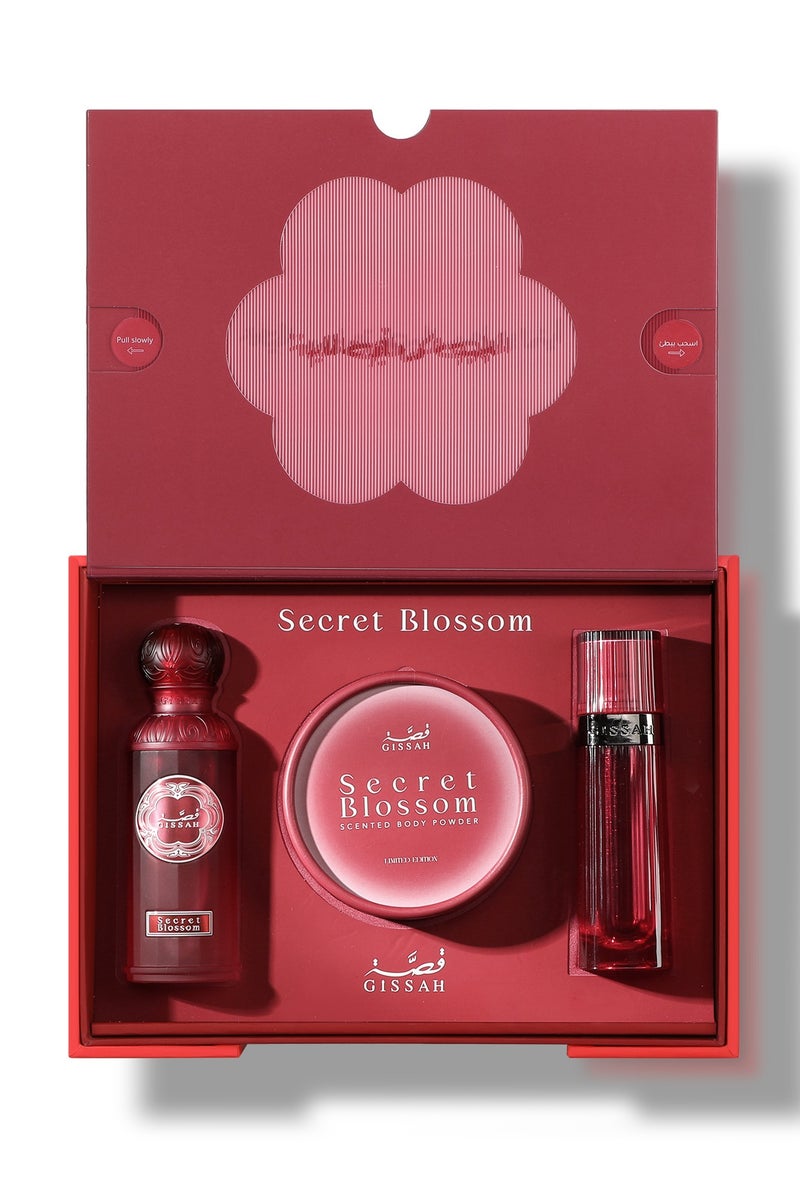 قصة طقم هدية سيكريت بلوسوم – 50 مل أو دو بارفان + 10 جم بودرة للجسم (300 نفخة) + 20 مل خمرية - Image 1