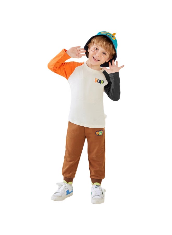 MQDMINI Children'S Clothing, Kids' Long-Sleeve T-Shirt, Boys' Undershirt, Girls' Color-Block Clothing, Pointed Letter Design, Beige, Size 100 - Image 3