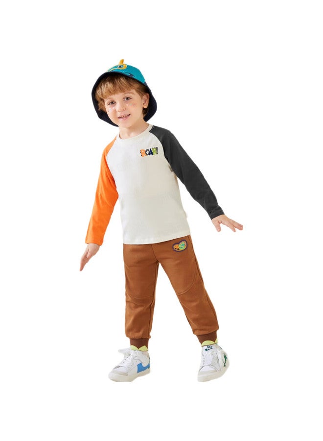 MQDMINI Children'S Clothing, Kids' Long-Sleeve T-Shirt, Boys' Undershirt, Girls' Color-Block Clothing, Pointed Letter Design, Beige, Size 100 - Image 1