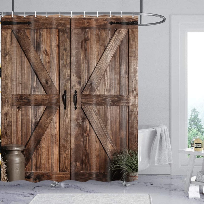 Jipusai Rustic Barn Door Shower Curtain Set for Bathroom, Farmhouse Western Bathroom Decor Curtains, Vintage Countryside Brown Wood Board Waterproof Fabric Bath Curtains with Hooks 70 x72 inch - Image 1