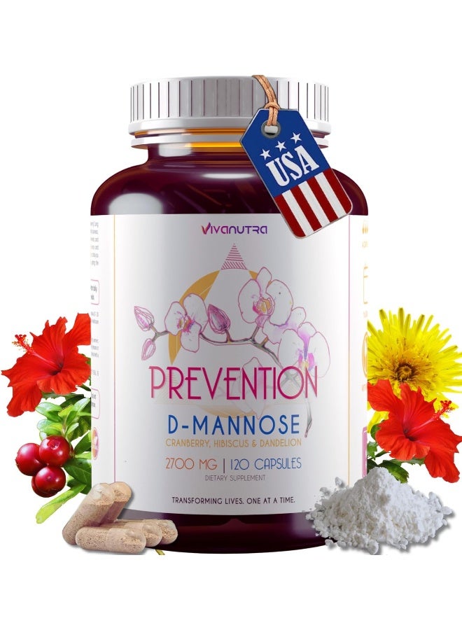 VIVANUTRA Prevention D Mannose Cranberry, Hibiscus And Dandelion 2700Mg 120 Capsules Dietary Supplement - Image 1