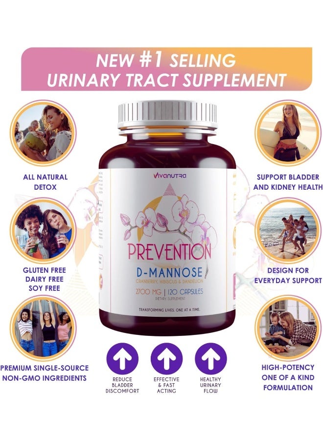 VIVANUTRA Prevention D Mannose Cranberry, Hibiscus And Dandelion 2700Mg 120 Capsules Dietary Supplement - Image 2
