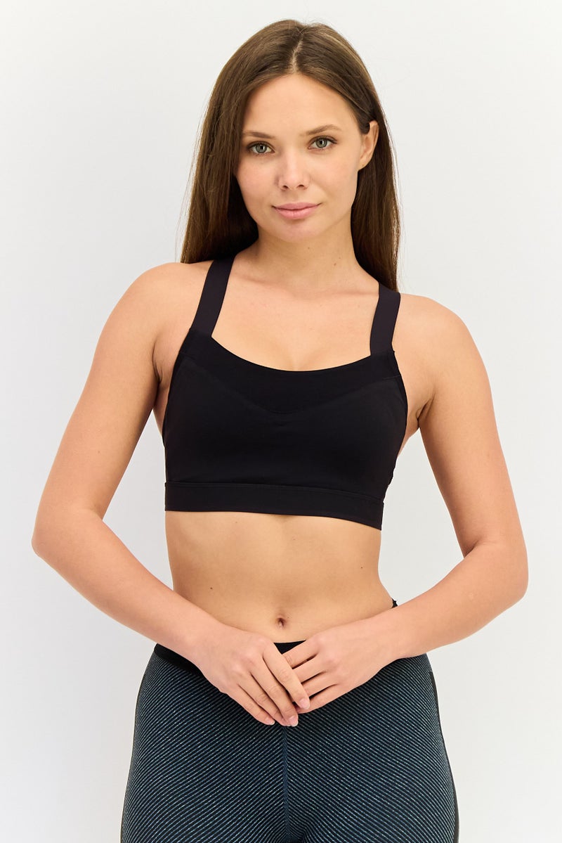 Reebok حمالة صدر رياضية مبطنة بشعار العلامة التجارية للنساء، سوداء - Image 1