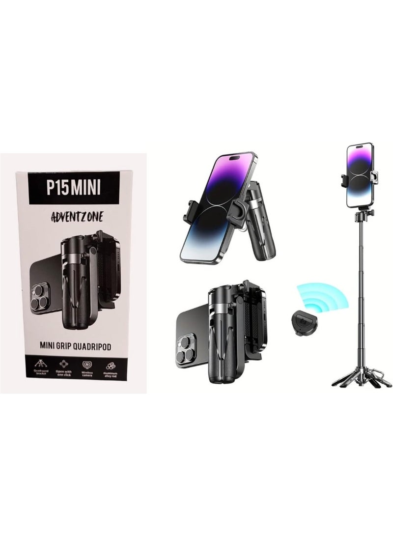 SMARTX P15 Mini Grip Quadripod, 4-in-1 Selfie Stick with Ergonomic Mobile Grip, USB-C Bluetooth Remote, Dual Cold Shoe Mounts, 360° Rotatable Holder Black - Image 5