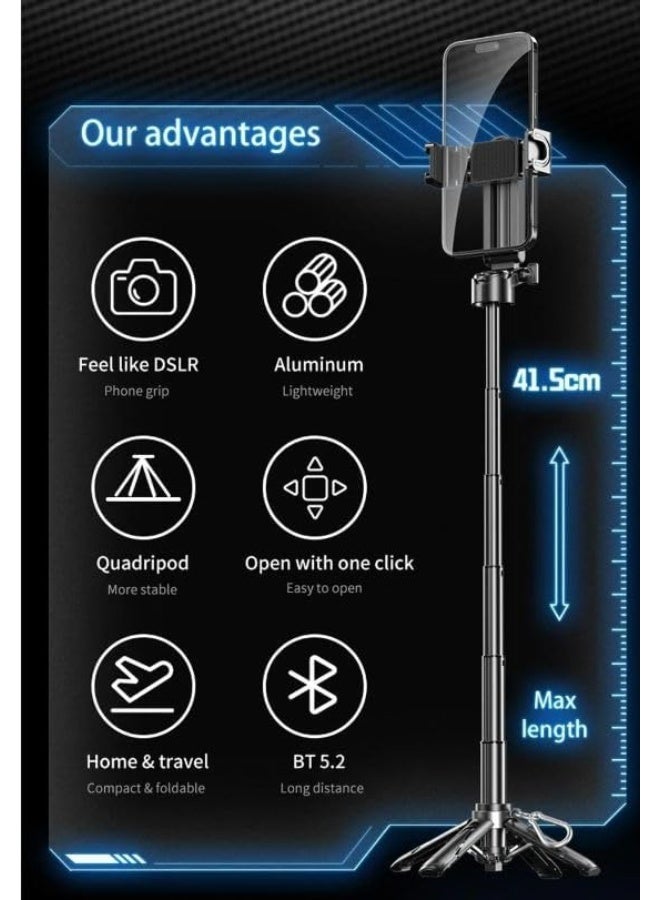 SMARTX P15 Mini Grip Quadripod, 4-in-1 Selfie Stick with Ergonomic Mobile Grip, USB-C Bluetooth Remote, Dual Cold Shoe Mounts, 360° Rotatable Holder Black - Image 4