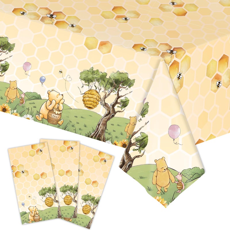 WISSLERMER 3pcs Party Tablecloth Bear Baby Shower Tablecloths Classic Bear Disposable Thickened Plastic Table Cover for Kids 1st 2rd Baby Party Supplies 54x108Inches Yellow - Image 2