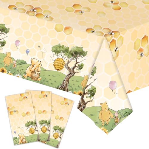 WISSLERMER 3pcs Party Tablecloth Bear Baby Shower Tablecloths Classic Bear Disposable Thickened Plastic Table Cover for Kids 1st 2rd Baby Party Supplies 54x108Inches Yellow - Image 1