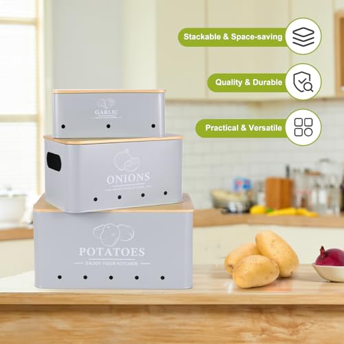 Dekosilave Kitchen Vegetable Storage Set of 3, Metal Onion Garlic Potato Storage Set, Kitchen Canisters Vegetable Keeper Containers with Aerating Holes and Wooden Lid (Grey) - Image 2