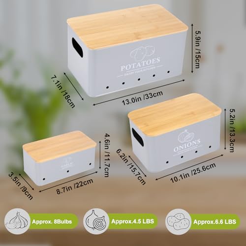Dekosilave Kitchen Vegetable Storage Set of 3, Metal Onion Garlic Potato Storage Set, Kitchen Canisters Vegetable Keeper Containers with Aerating Holes and Wooden Lid (Grey) - Image 5