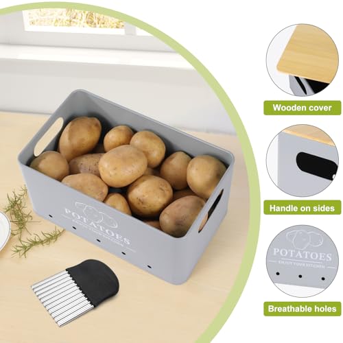 Dekosilave Kitchen Vegetable Storage Set of 3, Metal Onion Garlic Potato Storage Set, Kitchen Canisters Vegetable Keeper Containers with Aerating Holes and Wooden Lid (Grey) - Image 3