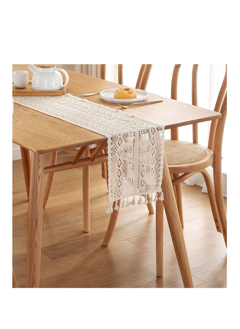 SYOSI - Boho Beige Table Runner, Vintage Farmhouse Bohemian Crochet Macrame Table Runner for Wedding Party Coffee Dining Table Decor - Image 1