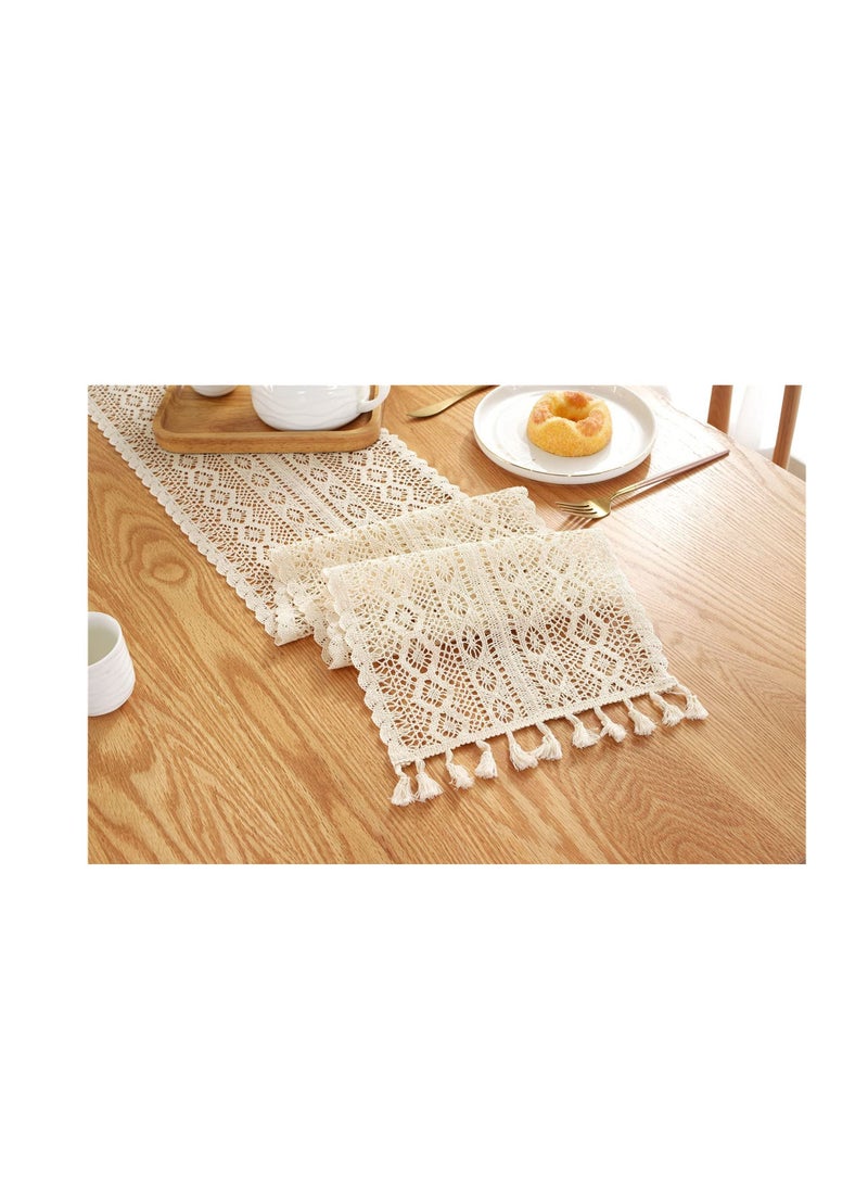 SYOSI - Boho Beige Table Runner, Vintage Farmhouse Bohemian Crochet Macrame Table Runner for Wedding Party Coffee Dining Table Decor - Image 1