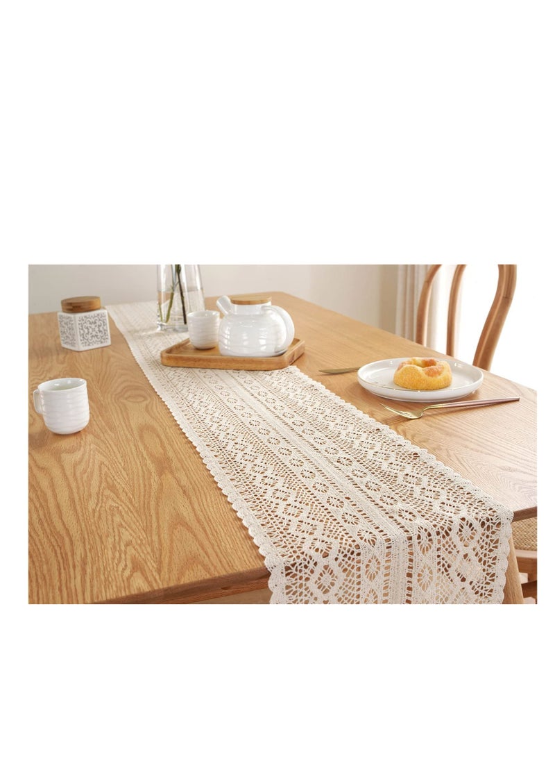 SYOSI - Boho Beige Table Runner, Vintage Farmhouse Bohemian Crochet Macrame Table Runner for Wedding Party Coffee Dining Table Decor - Image 1