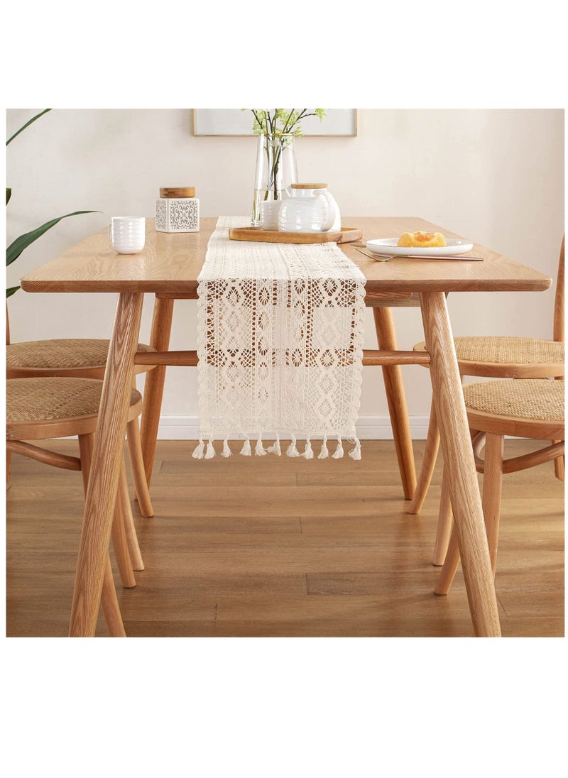 SYOSI - Boho Beige Table Runner, Vintage Farmhouse Bohemian Crochet Macrame Table Runner for Wedding Party Coffee Dining Table Decor - Image 1
