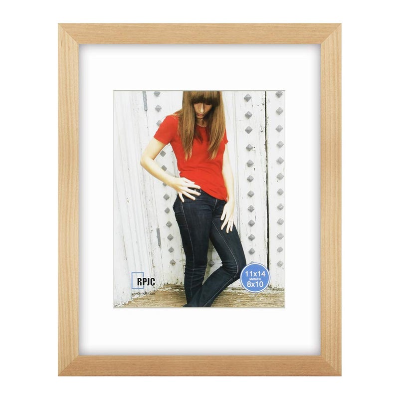 RPJC 11x14 inch Picture Frame Made of Solid Wood and High Definition Glass Display Pictures 8x10 with Mat or 11x14 Without Mat for Wall Mounting Photo Frame Natural - Image 1