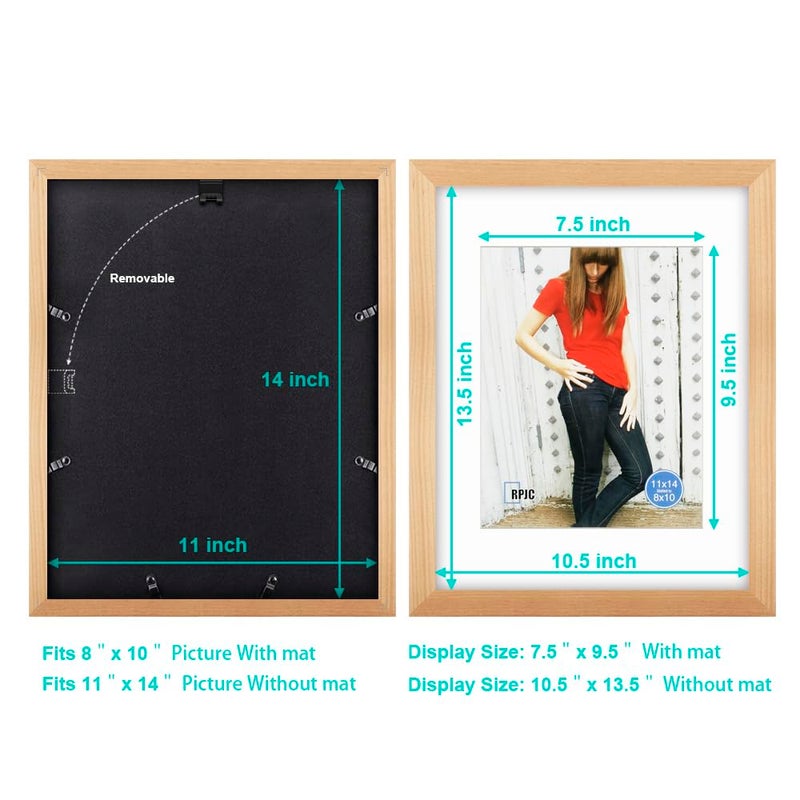 RPJC 11x14 inch Picture Frame Made of Solid Wood and High Definition Glass Display Pictures 8x10 with Mat or 11x14 Without Mat for Wall Mounting Photo Frame Natural - Image 4