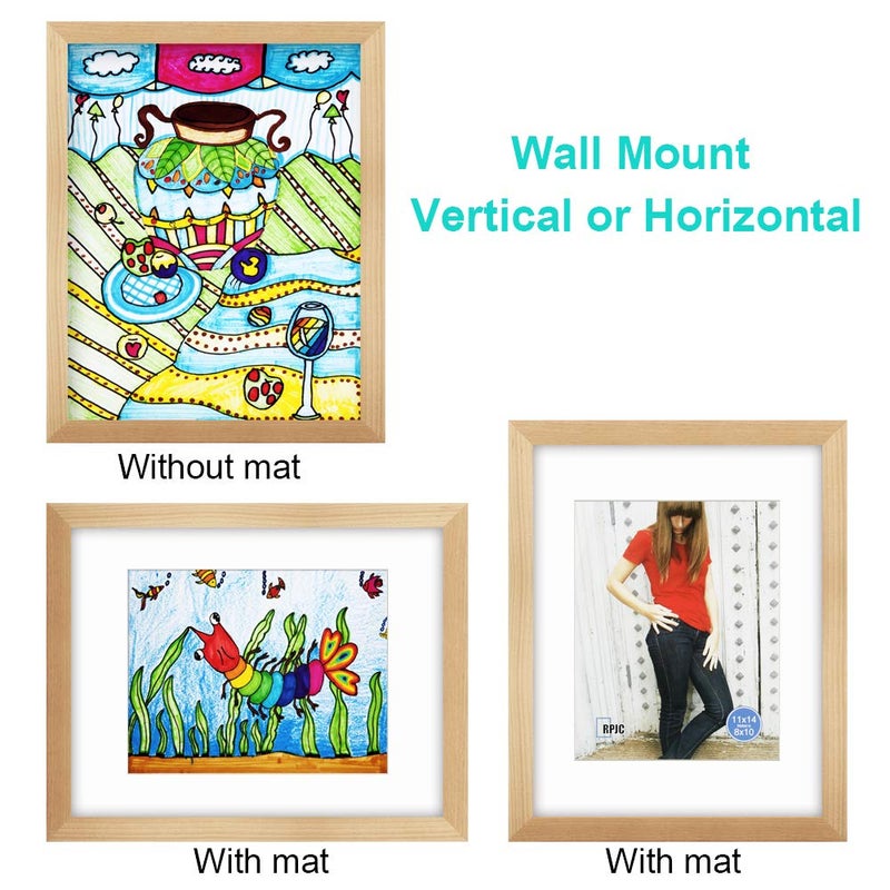 RPJC 11x14 inch Picture Frame Made of Solid Wood and High Definition Glass Display Pictures 8x10 with Mat or 11x14 Without Mat for Wall Mounting Photo Frame Natural - Image 5