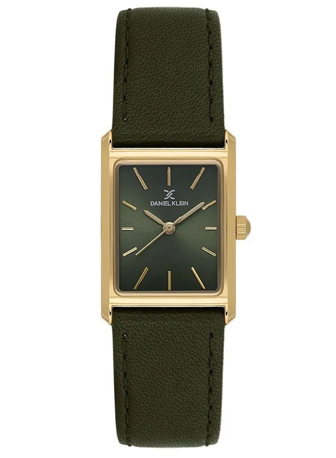 DANIEL KLEIN Women's Leather Gold Alloy Case Analog Green Square Sunray Dial Japanese Quartz Premium 30 Meters Water Resistant