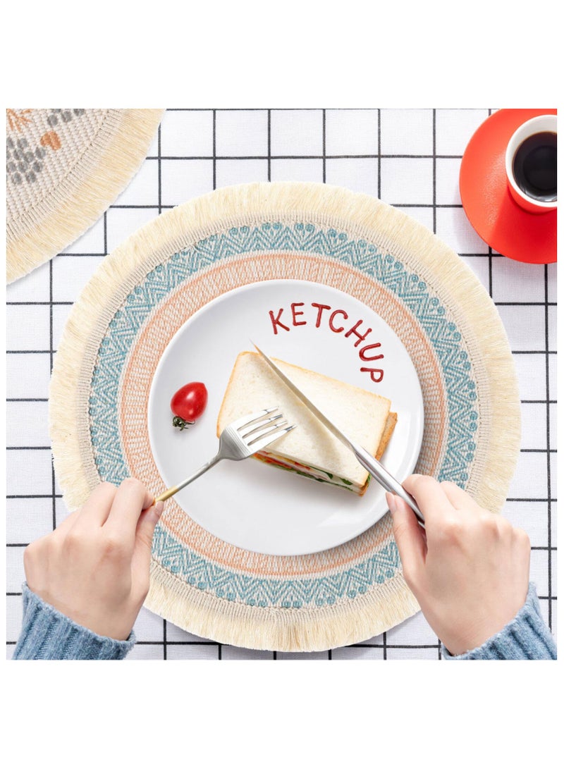 SYOSI 4 قطع مواد مائدة دائرية، حصائر طاولة، حصائر قطنية، حصائر قابلة للغسل مصنوعة من نسج، حصائر دائرية مقاومة للحرارة بتصميم بوهيمي مع خيوط للزينة لتزيين المنزل في المطبخ، تناول الطعام، حفلات الزفاف ومزارع - Image 2