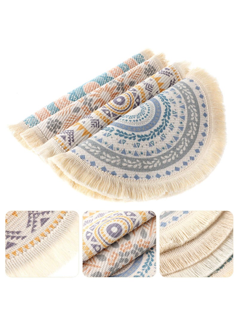 SYOSI 4 قطع مواد مائدة دائرية، حصائر طاولة، حصائر قطنية، حصائر قابلة للغسل مصنوعة من نسج، حصائر دائرية مقاومة للحرارة بتصميم بوهيمي مع خيوط للزينة لتزيين المنزل في المطبخ، تناول الطعام، حفلات الزفاف ومزارع - Image 3